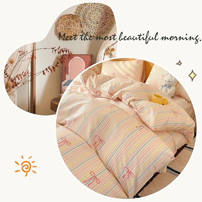 AOJIM Pink Bow Duvet Cover Set 3PCS for Kids Adults, 1 Soft Breathable Cotton Comforter Cover Full Size and 2 Pillowcases, Rainbow Striped Bedding Duvet Cover Set for Room Decor, Machine Washable