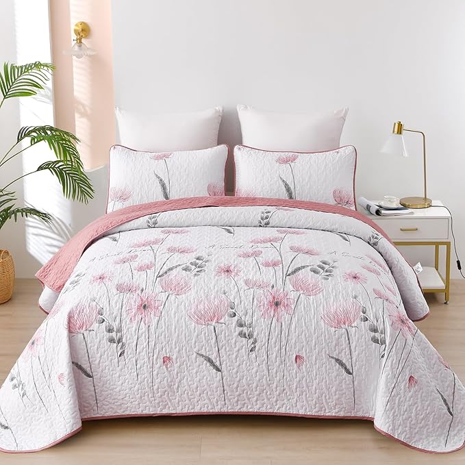 Dinjoy King Size Quilt Set Floral,3 Piece Pink/Blush Farmhouse Bedding Set Lightweight Flower Bedspreads White Coverlet Bed Sets Cute Fall Quilts for All Season(110"x90")