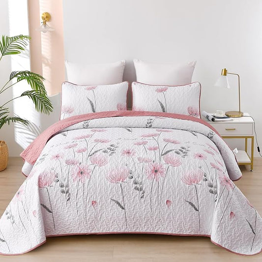 Dinjoy King Size Quilt Set Floral,3 Piece Pink/Blush Farmhouse Bedding Set Lightweight Flower Bedspreads White Coverlet Bed Sets Cute Fall Quilts for All Season(110"x90")