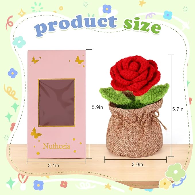 Crochet Flower Plant, Empathetic Flower Gift for Women & Men, Perfect for Birthday, Christmas, Mother's Day, Desk Decor, Birthday Decorations, Kids Party Decoration. Red Rose