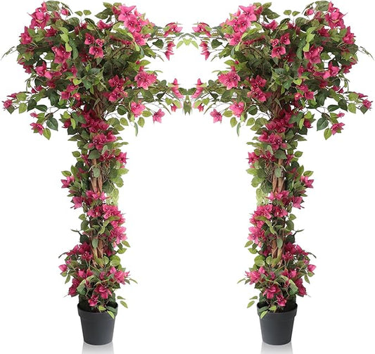 5 Feet Artificial Bougainvillea Flowers Trees, Faux Blooming Tree with Black Plastic Pot, Fake Bougainvillea Plants Potted for Decor Indoor or Outdoor Home Office, 2 PCS (63 inch)
