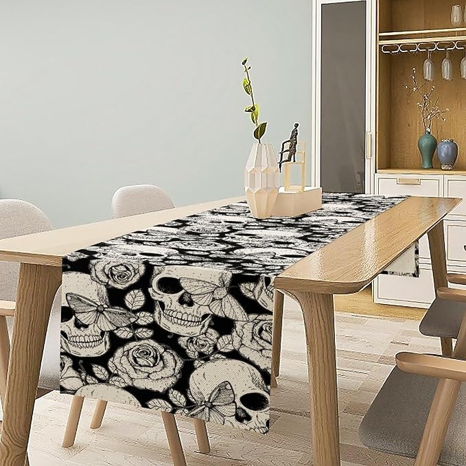 Gothic Table Runner,Black White Skeleton Flower Moth Print Table Runner for Home Kitchen Table Dining Garden Farmhouse Wedding Party Decor 13x90 Inch