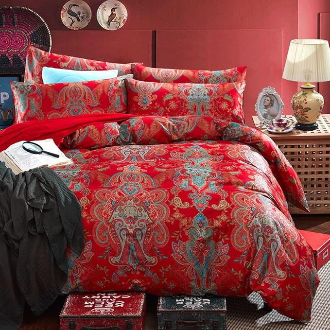 mixinni Long Staple Cotton Percale Paisley Duvet Cover for Queen Size Bed Boho Floral Pattern 3 Pieces Bedding Set with Zipper Ties for Him and Her, 1 Duvet Cover and 2 Pillowcases for All Seasons