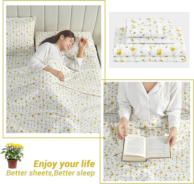 Softan Yellow Floral Sheets for Queen Size Bed Printed Bed Sheets - 4 Piece Soft Microfiber Patterned Fitted Sheets Queen with 15" Deep Pocket and Corner Straps,Cute Flower Sheets & Pillowcase Set
