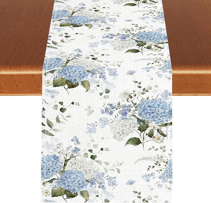 Blue Floral Table Runner, Spring Summer Watercolor Hydrangea Flower Butterfly Country Farmhouse Coffee Table Center Decor for Home Kitchen Dining Patio Holiday Party Table Decorations 13x90 inches