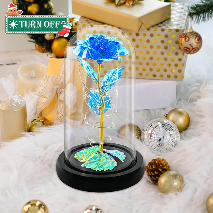 Childom Christmas Rose Gifts for Women,Birthday Gifts for Women Mom Christmas,Flowers for Delivery Prime,Blue Light Up Rose in A Glass Dome,Anniversary Rose Gift for Her Grandma Valentines Day