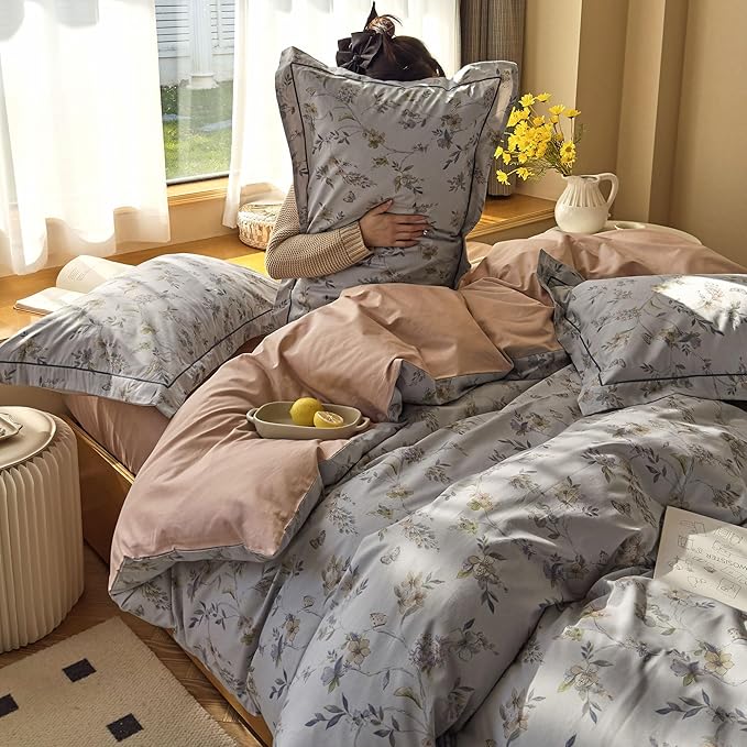 AOJIM Aesthetic Colorful Duvet Cover Set with Floral Pattern, Pure Cotton Soft Comforter Cover Set 3pcs for Kids Adults, 1 Cozy Reversible Quilt Cover Queen Size and 2 Matching Pillowcases, No Quilt