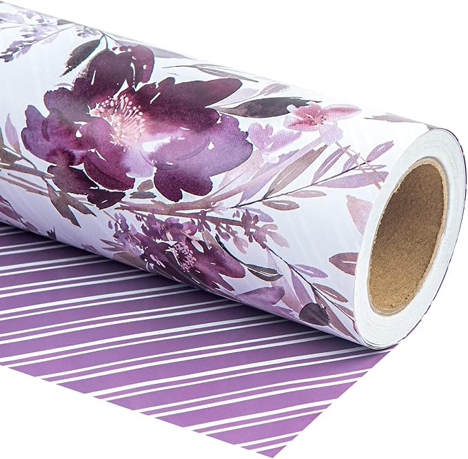 WRAPAHOLIC 30 Inch Reversible Floral Wrapping Paper - 30 Inch X 33 Feet - Purple Flower Wrapping Paper for Wedding, Birthday, Mothers Day, Baby Shower, Anniversary, Bridal Shower