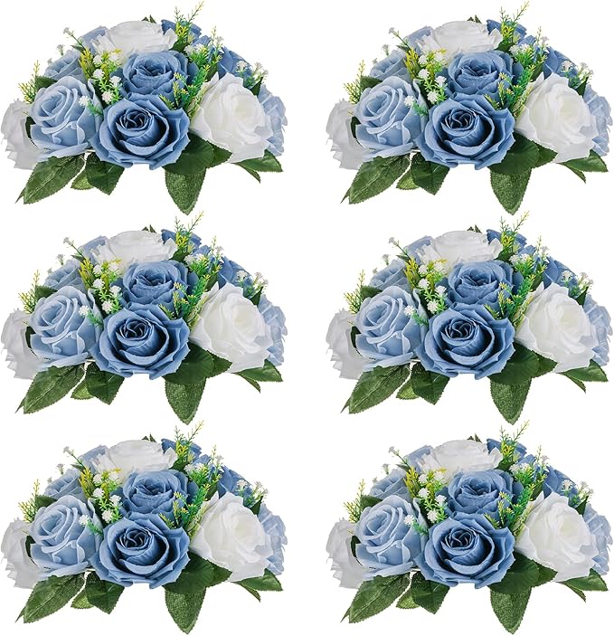 NUPTIO Wedding Floral Centerpieces for Tables: 6 Pcs Dusty Blue & White Fake Flower Ball for Weddings Party - Artificial Rose Arrangements for Birthday Bridal Shower Decorations