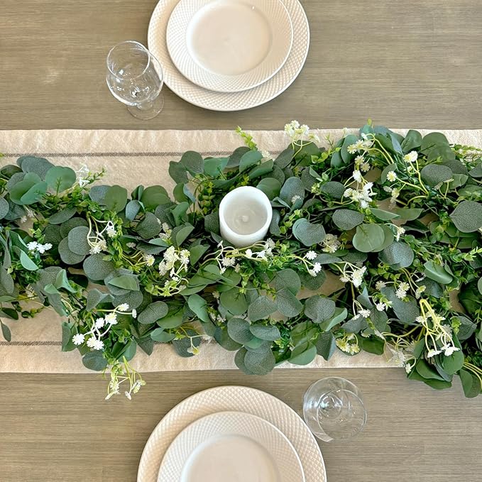 CQURE 4 Pack 5.9Ft Eucalyptus Garland,Artificial Eucalyptus Flowers Leaves Table Greenery Garland Wreath Vines for Wedding Party Table Fireplace Bedroom Wall Room Decor