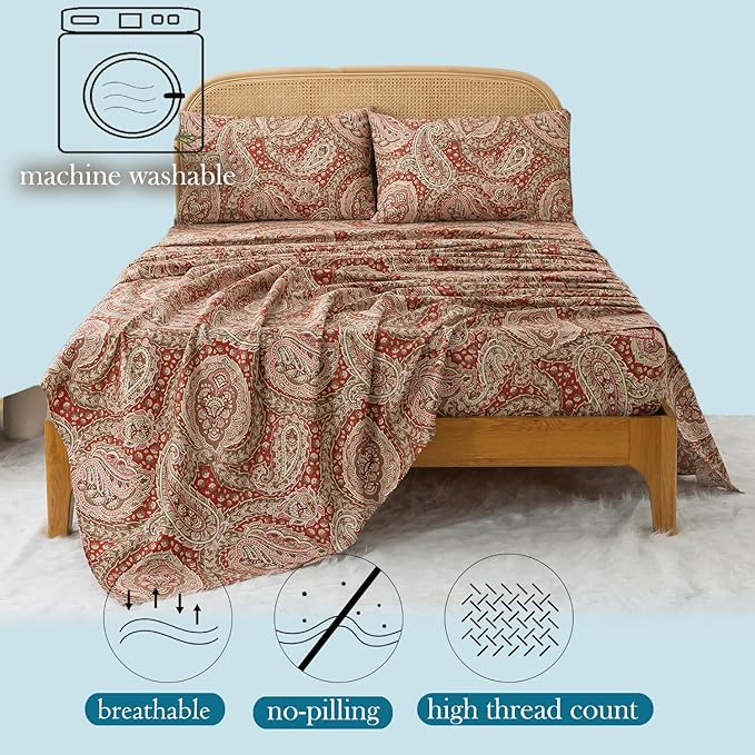 Zusbest Queen Size Bed Sheet Set 100% Cotton Burgundy Red Paisley Patterned Sheets Luxury Soft Breathable Crispy Cooling Percale Boho Bed Set Deep Pocket 17.5 Inches, 4 Pieces