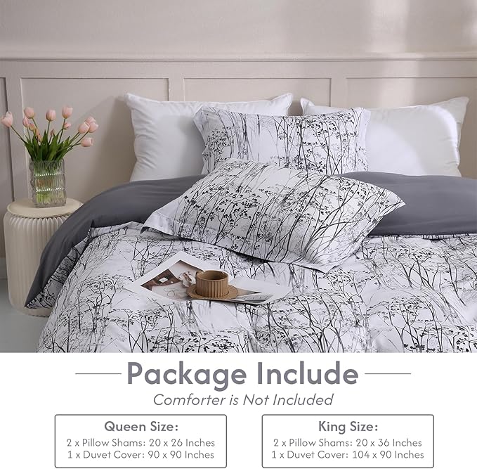 LONAVA King Botaincal 3 Pcs Duvet Cover Set, Breathable Soft Microfiber Deep Grey Lining Comforter Cover with Zipper Closure, and 2 Anti-Pilling, Fade Resistant Pillowcases, Winter Forest