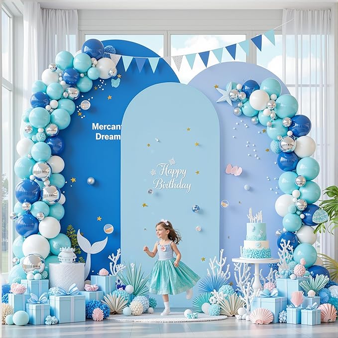 Gradient Blue Arch Backdrop Cover 8FT 7.2FT 6.6FT Arch Covers Stretchy Backdrop Set of 3, Party Arch Cover Spandex Fitted Under The Sea Fabric Arch Covers for Baby Shower Birthday Wedding Decoration