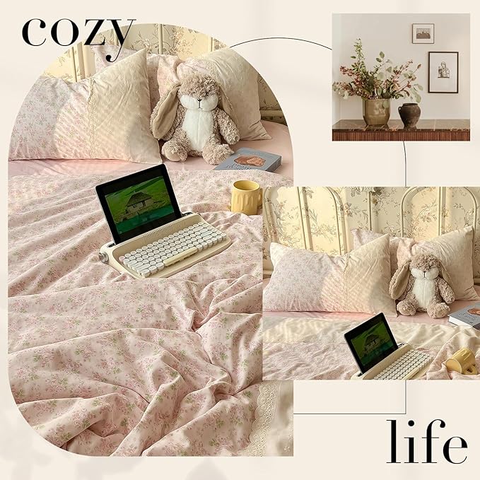 LifeTB Pink Floral Duvet Cover Queen Romantic Lace Bedding Set Garden Style Cottagecore Flower Duvet Cover with Zipper Closure Soft Washed Microfiber Botanical Comforter Cover for Teen Girls