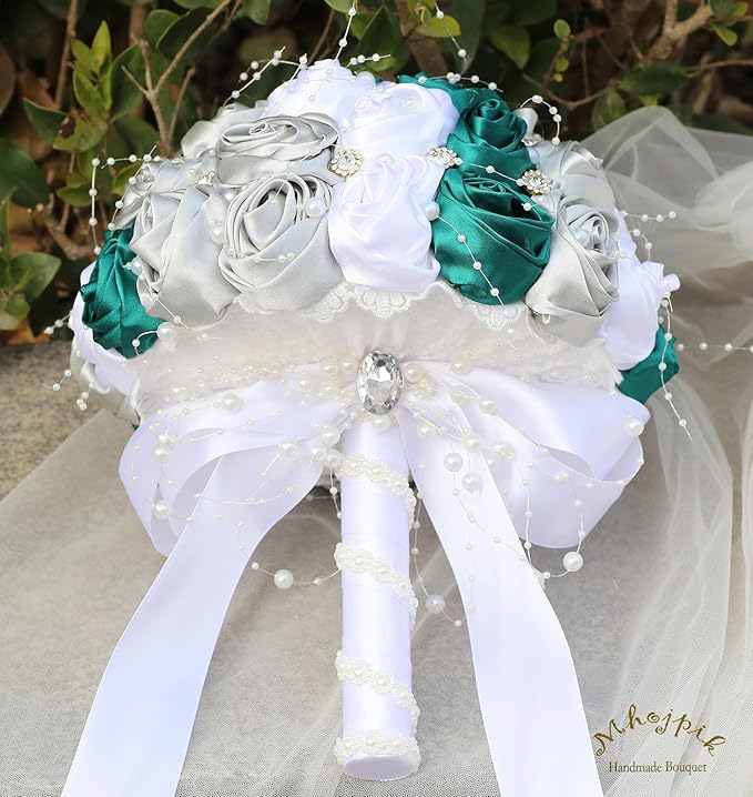 Bridal Wedding Bouquet Round Bling Brooch Bouquet Throw Toss Artificial Rose Flower Bunch for Bride Bridesmaid Wedding Quinceanera(Dark Green, Silver & White, 9.8")