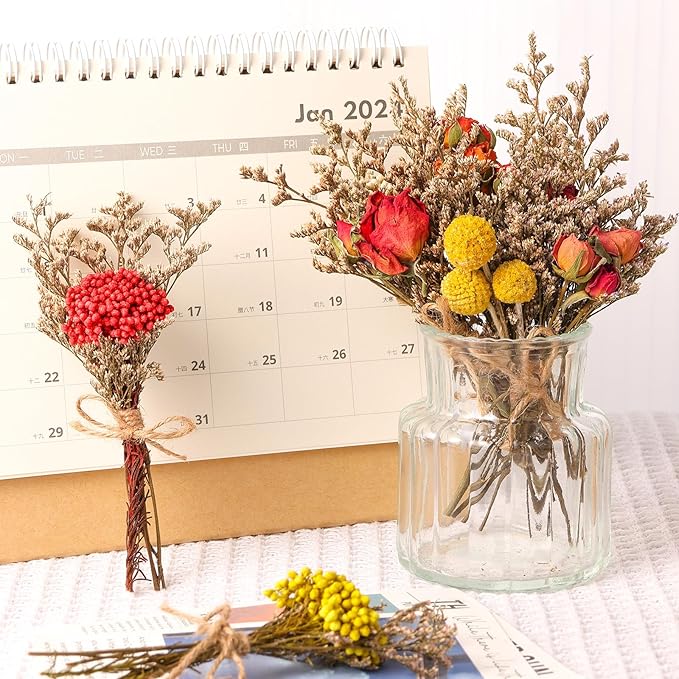 10 Pack Dried Flower Bouquets Natural Rose Billy Balls and Rice-Flower Combination Dried Embossing Flower Bundles with Stem Dried Floral Arrangement for Vase, DIY, Crafts, Wedding Party, Home Decor
