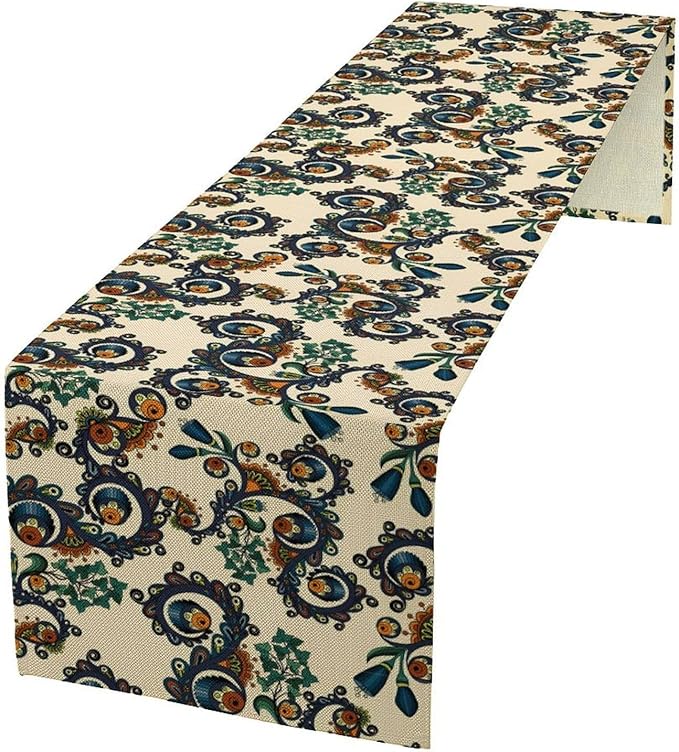 Vintage Bohemian Table Runner, Boho Blue Orange Ornate Paisley Print Table Runner for Kitchen Dining Home Party Decor, 13x108 Inch