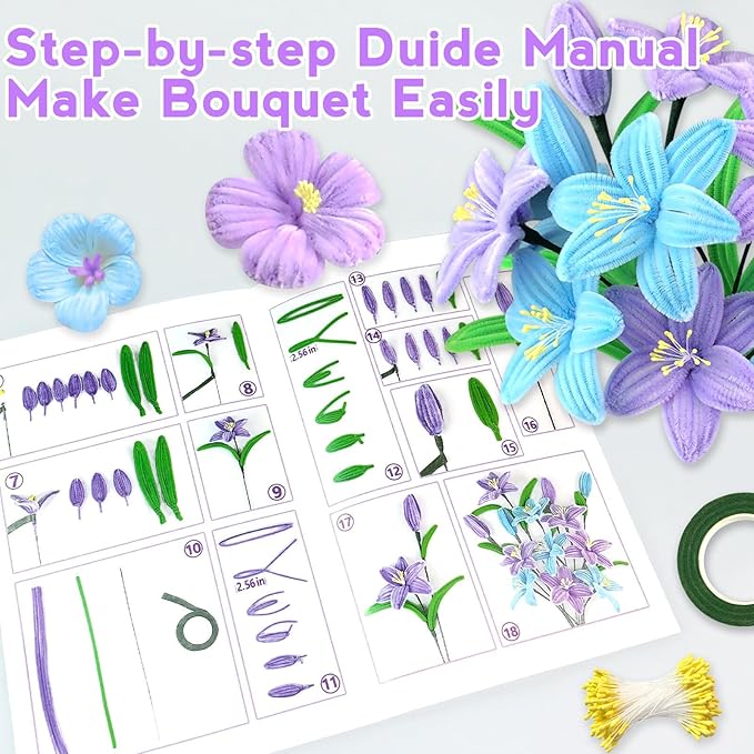 ZEIZHUBN 300 Pieces Pipe Cleaners, Pipe Cleaners Flower Bouquet Kit, Flower Making Kit with Floral Wires Tape, Art and Craft Supplies Projects DIY Decoration Holiday Party Birthday Gifts