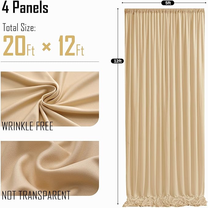 gogoparti 20ft x 12ft Beige Wrinkle-Free Backdrop Curtain for Wedding Parties, Thick Polyester 4 Panels 5x12ft for Wedding Birthday Baby Shower Halloween Photography Party Background