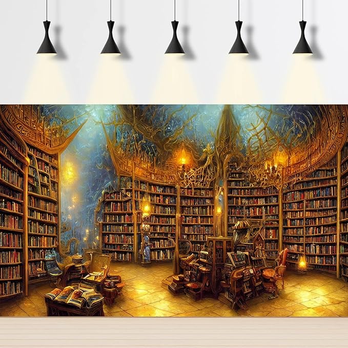 Medieval Fairytale Library Backdrop Vintage Bookshelf Backgrounds Cozy Bookcase Old-Fashioned Library Room Magical Books Photography Background Magic Books Theme Party Decorations Props 10x8ft
