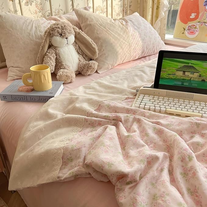 LifeTB Pink Floral Duvet Cover Twin XL Romantic Lace Bedding Set Garden Style Cottagecore Flower Duvet Cover with Zipper Closure Soft Washed Microfiber Botanical Comforter Cover for Teen Girls