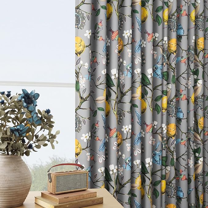 Vintage Floral Pinch Pleated Blackout Curtains 84 Inches Long 2 Panels for Bedroom Living Room Grey White Flower Patterned Room Darkening，Lemon Design Hummingbird Colorful Window Treatments Drapes