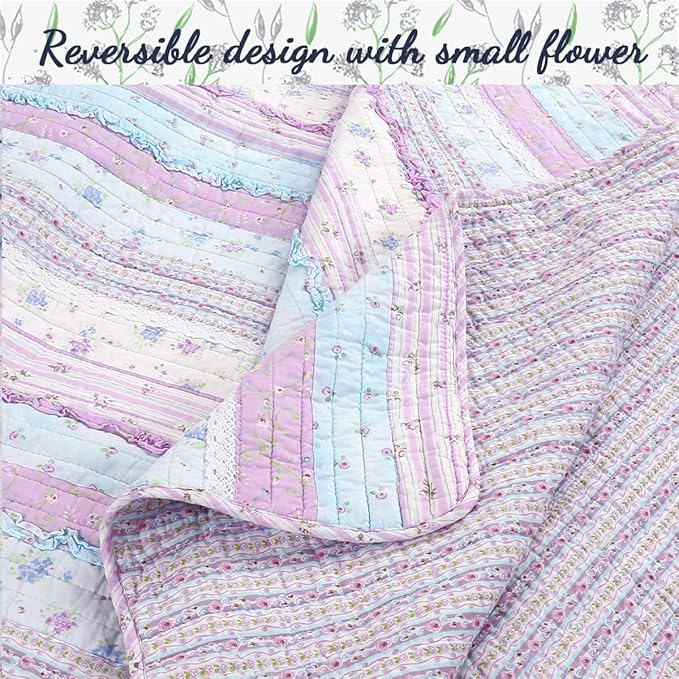 Cozy Line Home Fashions Shabby Chic Romantic Lace Purple Blue Floral Cotton Bedding Quilt Set, Reversible Coverlet, Bedspread (Lavender, King-4 Piece: 1 Quilt+2 King Shams+1 Decor Pillow)