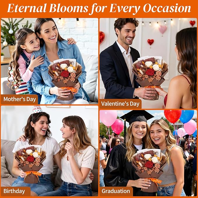 Lewondr Flower for Delivery, Preserved Flowers Bouquet, White Roses Bouquet, Real Long-Lasting Forever Birthday Flowers Gifts for Her Best Friend Mothers Day Christmas Graduation, White-Orange