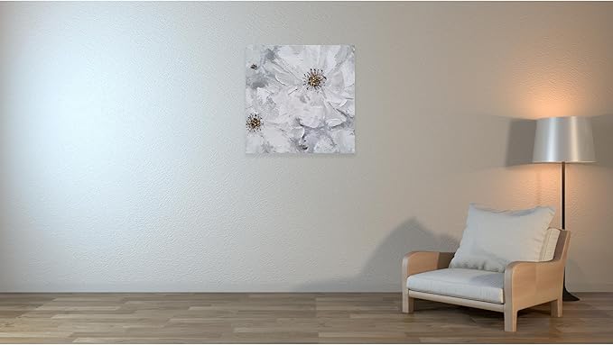 SYGALLERIER White and Gray Flower Blooms Wall Art - Handcrafted Floral Canvas with Gold Foil Embellishments Modern Flower Wall Decor for Livingroom Bedroom Bathroom 40X40