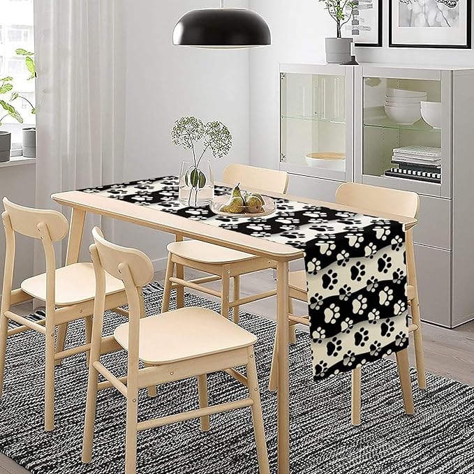 Dog Paw Table Runner,Kid Cute Animal Footprint Black White Theme Design Print Tablecloth Burlap for Hotel Indoors Outdoor Dining Room Kitchen Home Decor,W13X L60 in
