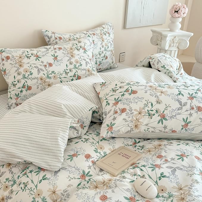 EAVD Garden Botanical Floral Duvet Cover Full White Soft 100% Cotton Flowers Leaves Pattern Bedding Set with 2 Pillowcases Reversible Black White Striped Comforter Cover with Zipper Closure