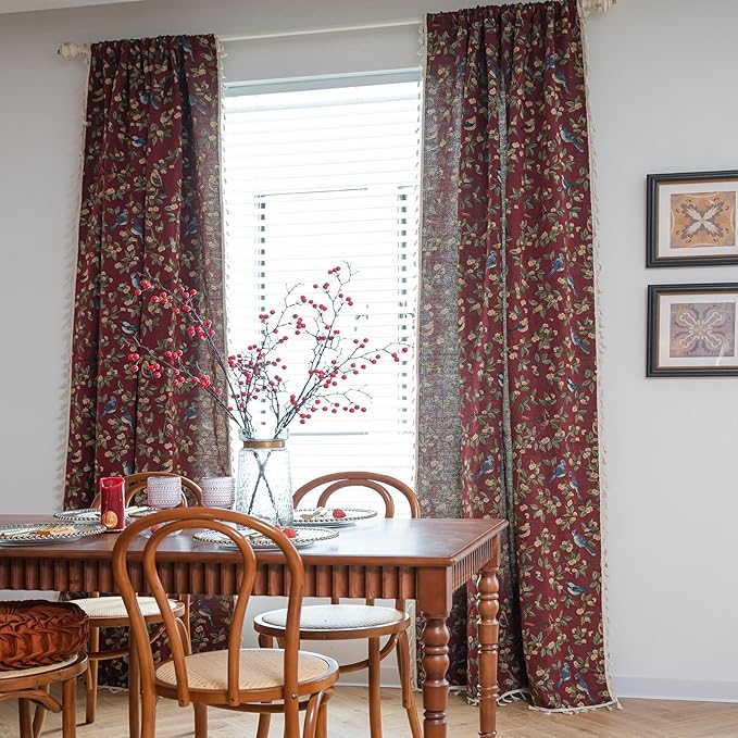 ENJOYBRIDAL Floral 96 Inch Curtains for Living Room Maroon Drapes Bird Pattern Jacquard Long Window Curtain Panels Rod Pocket Bedroom Farmhouse Boho Tassel Semi Blackout 2 Panels Window Treatments