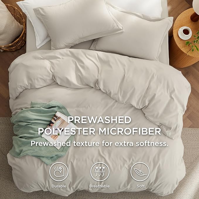 Bedsure Duvet Cover Queen Size with Fitted Sheet - 4 Pieces Prewashed Cotton-Like Extra Soft Bedding Set, Includes 1 Duvet Cover 90x90 Inches with Zipper Closure, 2 Pillow Shams, 1 Fitted Sheet, Linen