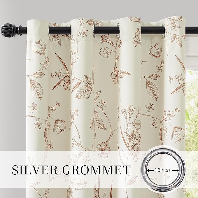 ChrisDowa Beige 100% Blackout Floral Curtains 84 Inches Long 2 Panels for Bedroom Living Room Brown Flower Patterned Room Darkening Thermal Insulated Soundproof Grommet Window Treatments Drapes,52X84