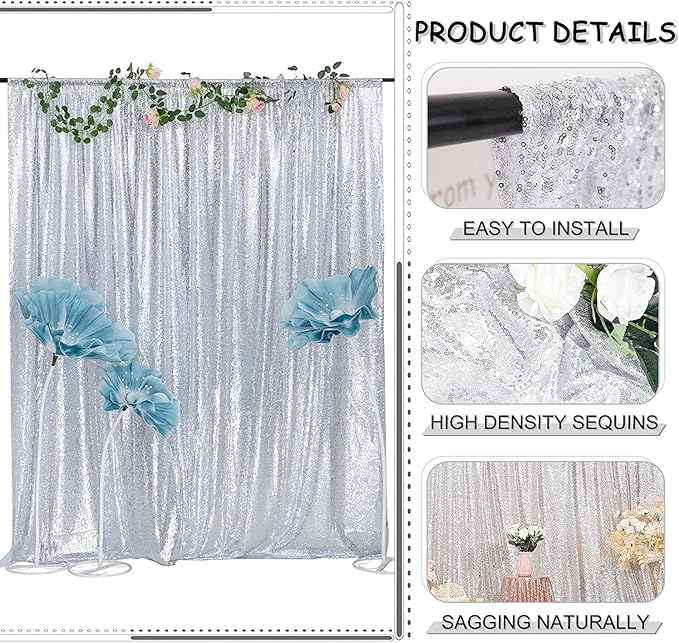 Silver Sequin Backdrop Curtains 2FTx8FT 2 Panels Sparkle Backdrop Curtain Drapes Glitter Backdrop Photo Background for Wedding Baby Shower Xmas Birthday Parties