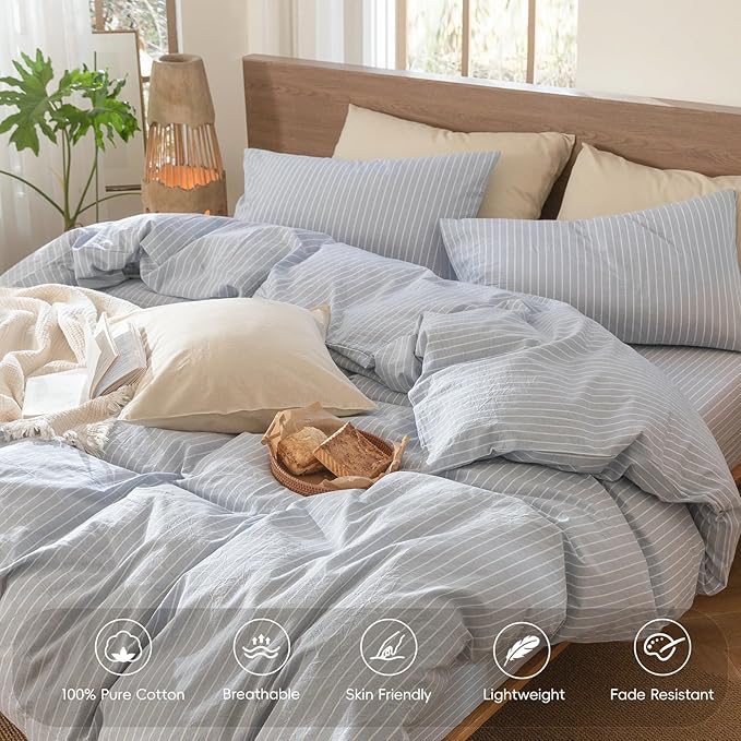 MooMee Striped Duvet Cover Set 100% Washed Cotton Linen Like Textured Breathable Durable Soft Comfy (Cornflower Blue White Wide Stripes, Palatial King/Oversized King 120"x98")