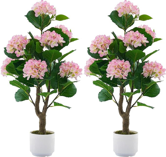 Artificial Hydrangea Tree 2 Pack, 3FT Faux Hydrangea Plant in Pot with Pink Flowers, Greenery Potted Plant for Indoor Outdoor Office Home Porch Decor, Pink