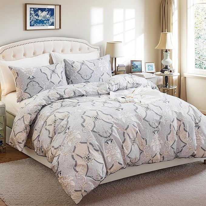 100% Natural Cotton Duvet Cover Set King 3 Pcs Grayish Duvet Cover with Luxurious Damask Pattern, Reversible Breathable Soft Comforter Cover Sets with Zipper Closure All Season