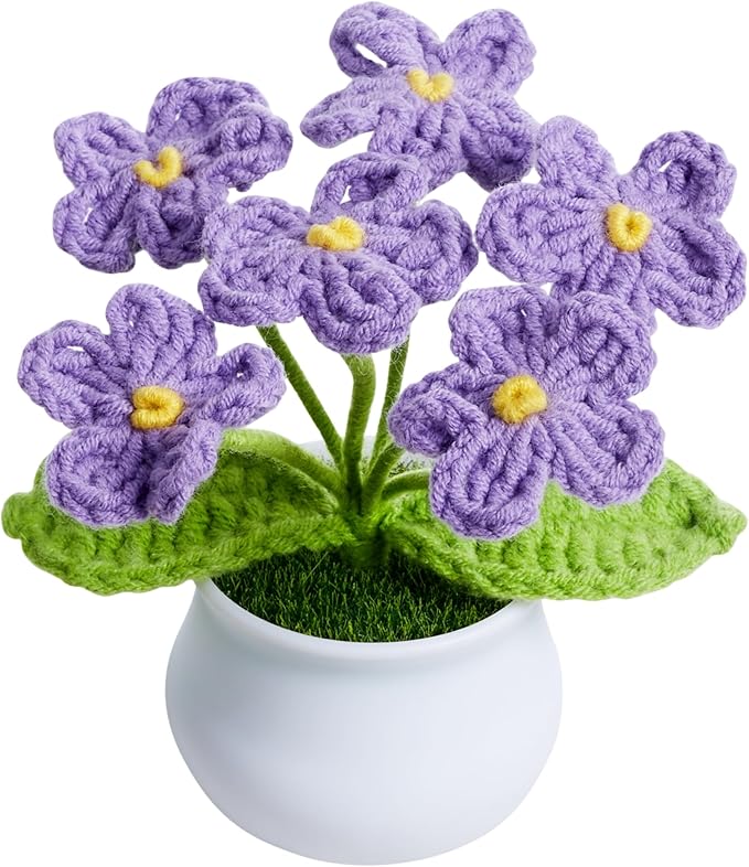 Crochet Flowers Cute Handmade Knitted Potted Flower Plants Gift for Women Female Teacher Birthday Anniversary Valentines Christmas Decor for Car Dashboard Home Room Office Desk Decorations