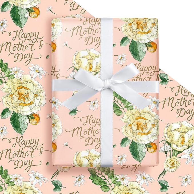 LeZakaa Mother's Day Wrapping Paper Roll, Happy Mother's Day Lettering, Yellow Floral Party Gift Wrap for Women, Mom, 17 inches x 16.4 Feet (23.2 sq.ft.)