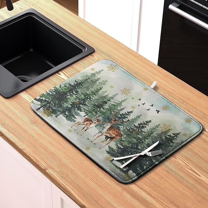 Reindeer Tree Snowflakes Christmas Dish Drying Mats for Kitchen Counter 16x18 Inch Winter Forest Dish Drainer Mats Absorbent Reversible Dish Draining Microfiber Dishes Drying Pad