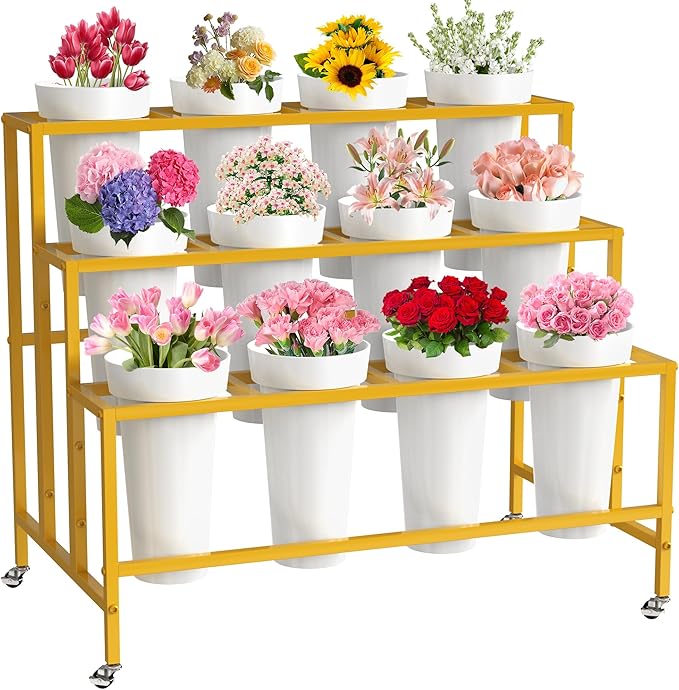 Flower Display Stand with 12 Buckets, Flower Cart Gold 3 Layers Metal Flower Bar Stand with Wheels, Moving Florist Bouquet Shelf for Weddings Florist Indoor Living Room Outdoor Patio Garden