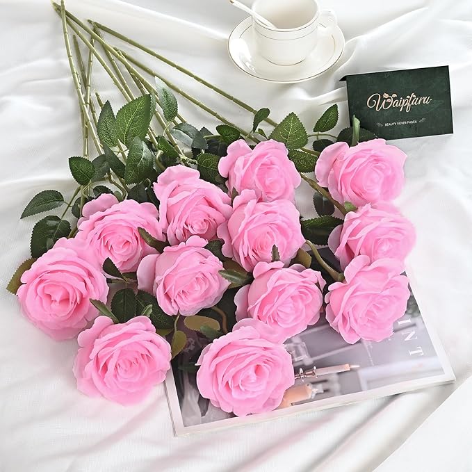 Waipfaru 16 Pcs Valentines Day Flowers, Fake Roses Artificial Flowers with Long Stems, Silk Pink Roses Bouquet for Wedding Vase Mothers Day Flower Arrangement Home Decor (Pink)