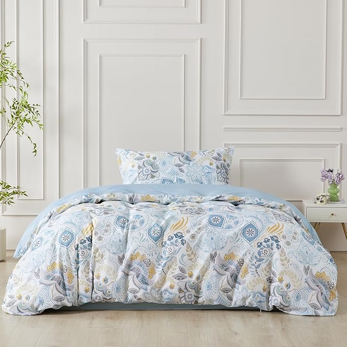 SAPHREAS Blue Floral Duvet Cover Set 2pcs Twin Size Geometric Pattern Botanical Blossom Bedding Comforter Cover Set 100% Cotton 1 Duvet Cover 68"x90" 1 Pillow Sham, Comforter Not Included