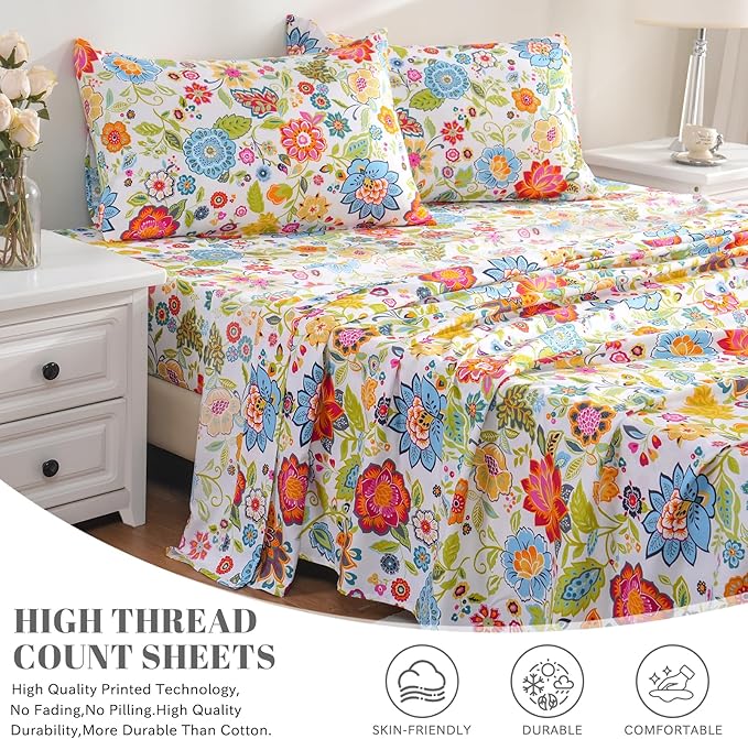 Bedlifes California King Sheet Set Ultra Soft, Breathable, Silky Flower Deep Pocket 100% Microfiber Bedding, 4 Piece Cal King Size with Floral Spring Design
