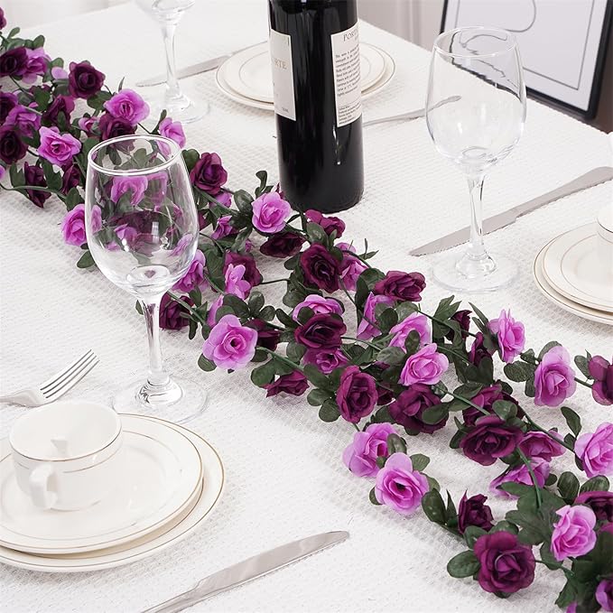 10 Pcs 82FT Flower Garland, Artificial Rose Garland Flowers Plants Fake Flower Hanging Rose Ivy, Birthday Party Valentine's Day Wedding Wall Arch Decor（Purple）