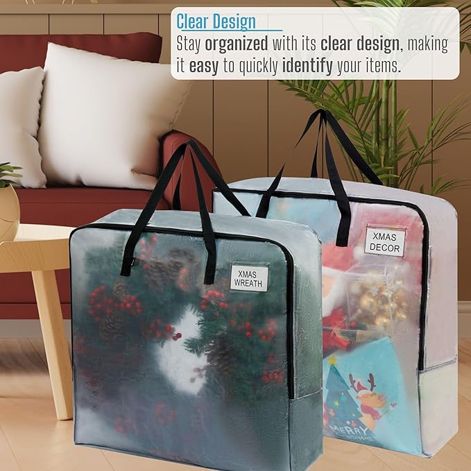 VENO 4 Pack Wreath Storage Bag and Christmas Decoration Garland Container, 30 Inch Clear Wreath Bag, Holiday Decoration Organizers. Moving Boxes, Packing Supplies for College (Square - 4 Pack)