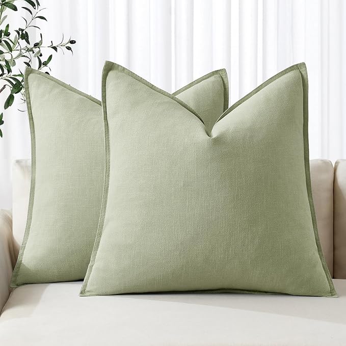 MIULEE Decorative Linen Pillow Covers 18x18 Inch Light Green Boho Farmhouse Neutral Couch Throw Pillows for Bed Pack of 2 Accent Modern Pillowcase Summer Sofa Livingroom Home Decor