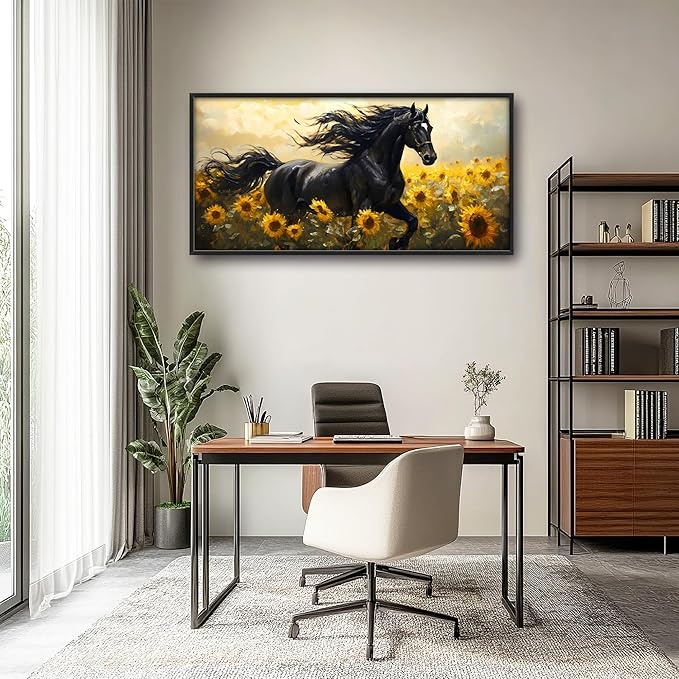 Horse Sunflower Large Decor Wall Art Framed Pictures for Living Room, Animal Oversized Canvas Print Painting Modern Extra Large Framed Artwork for Bedroom Office Home Decor 60"x30"