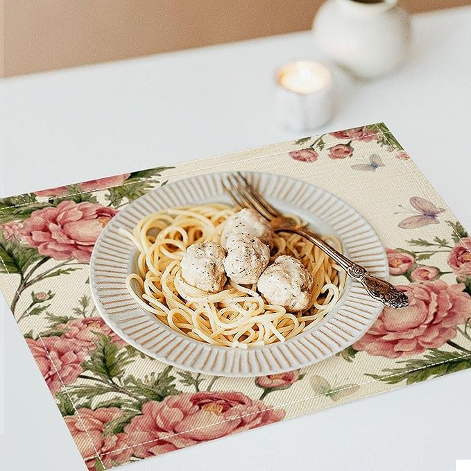 Pink Flowers Placemats Set of 6, 17x12 Inch Rustic Farmhouse Romantic Spring Floral Blossom Butterfly Table Mats for Home Party Kitchen Dining Decor